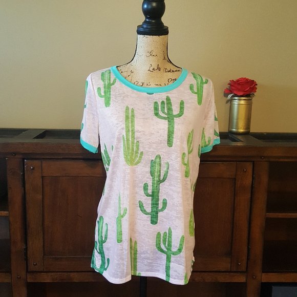 Bibi Tops - Bibi Pink Green Cactus Print Tee Shirt Large